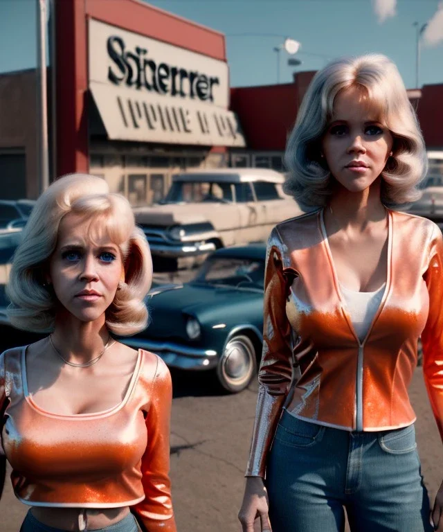 Ultra Realistic retro sci-fi movie Supermarket parking scene, 1960 year, waist up view portrait, 2 clones blonde women, sweet teenager Jane Fonda face, perfect iris, glow eyes, face makeup, tight latex coat. many people looking, Retro sci-fi style, soft color, highly detailed, unreal engine 5, ray tracing, RTX, lumen lighting, ultra detail, volumetric lighting, 3d, finely drawn, high definition, high resolution.