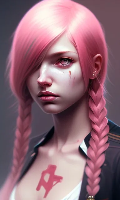 girl, cute, beautiful, pink hair, brown eyes, pigtails, bangs, knife in hand, blood on face, by Greg Rutkowski, big boobs, blazer, yandere