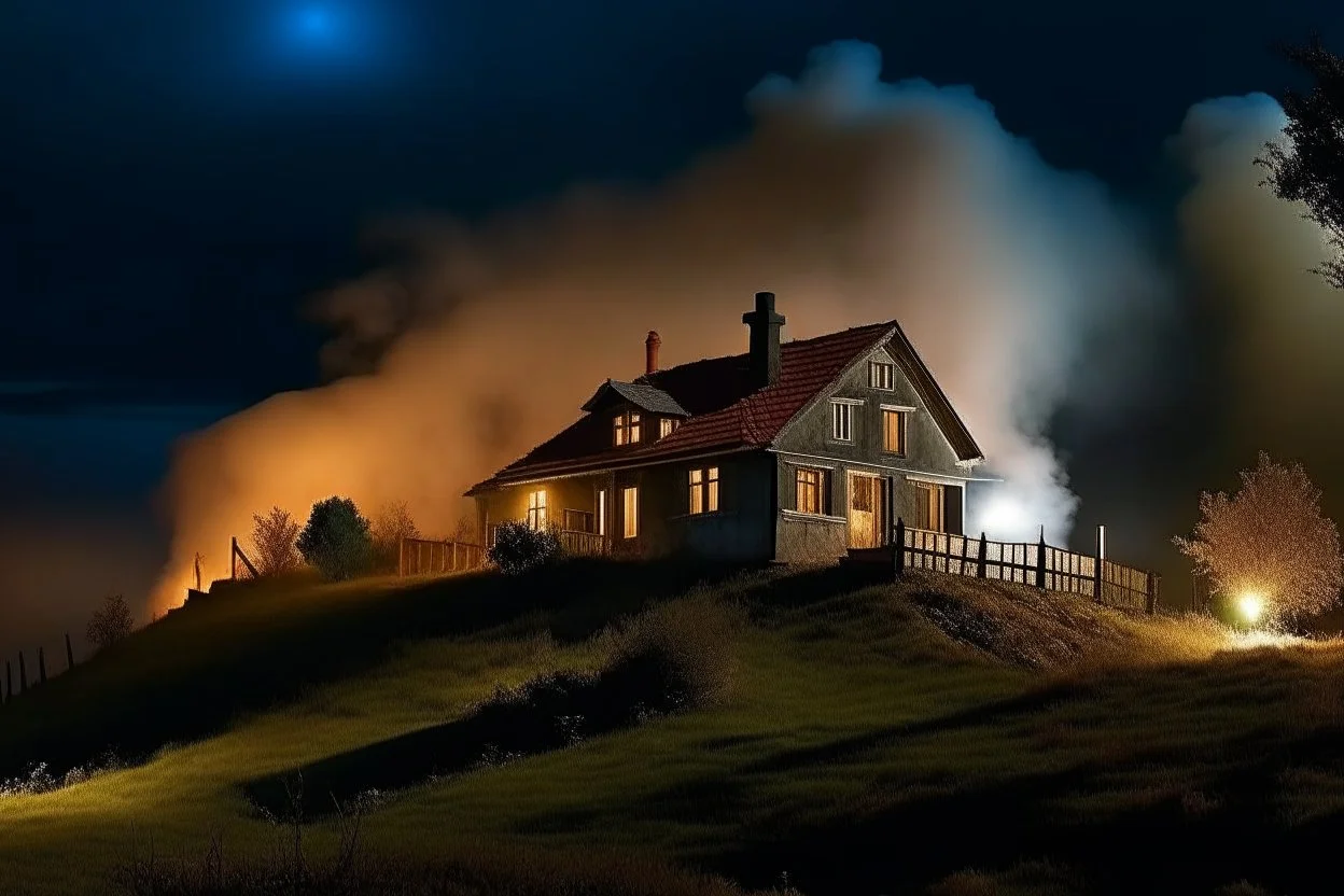 A house on top of a hill with smoke rising from it at night