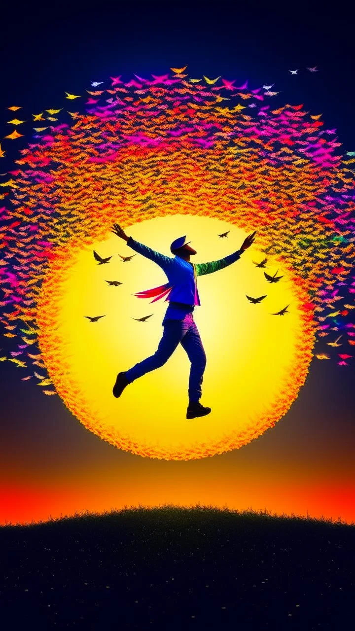 a straw man jumping to touch the moon, surrounded by multicolored paper birds, strong backlighting backlit, nostalgic and hazy