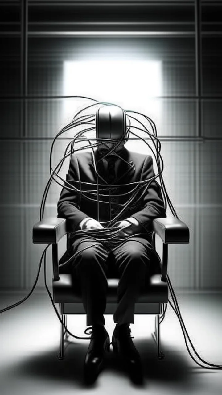 Electrical chair for death sentence, a man sitting on the electrical chair arms tied to the chairs arms in trajectory theme