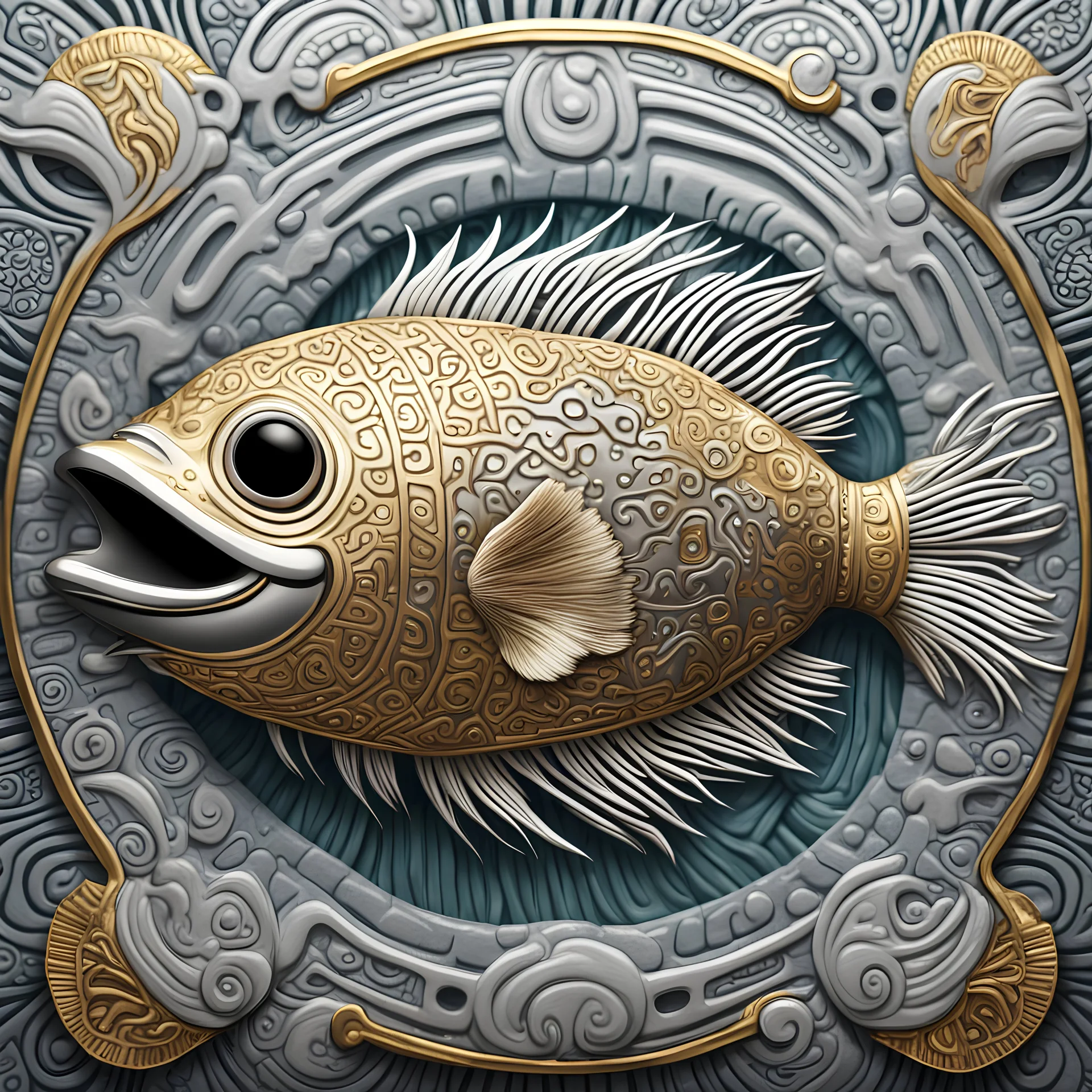 porcupine fish in silver and gold, in mayan desgin art style, background ocean