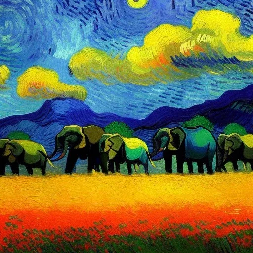 Dibujo al oleo de un elefante indio pintado con muchas nubes de colores, estilo Vincent van Gogh 8k