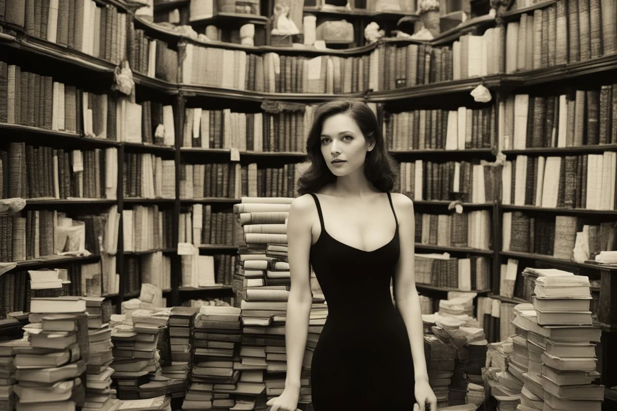 full-height shot of a woman in a tight black dress, inside a large magic book shop, books, bottles, windows