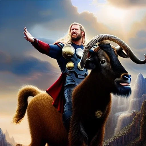 Ultra detailed fullbody Portrait in oil on canvas of Thor with asgardian armor riding a Giant Goat,extremely detailed digital painting, extremely detailed face,crystal clear eyes, mystical colors ,perfectly centered image, perfect composition, rim light, beautiful lighting,masterpiece,8k, stunning scene, raytracing, anatomically correct, in the style of robert e howard and Wizyakuza and Ohrai Noriyoshi and Simon Bisley and uncannyknack