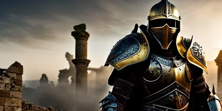 apocalypse, chaotic, magnificent, realistic, colorful, massive, epic, ray tracing, cinematic, 8k, HD, Ultra High Definition, photo film, film grain, hyper-detailed, old tarnished ornate rusty Hyper detailed Gold Gothic Medieval Knight helmet with opaque glass visor covering face and matching suit of armor, background with colorful destroyed ancient gothic ruins