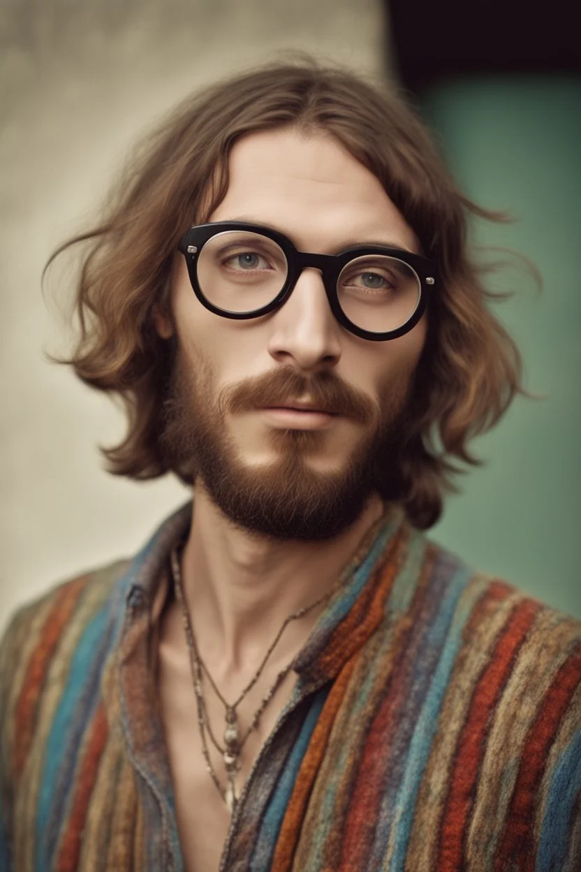 Hippie bohemian young man with Parisian bohemian look and glasses of colours and poor and short short short and poor hair on the head with receding hairline. Farsightedness glasses with big eyes. Long beard. Vintage look and feel like photo styleof the 70s