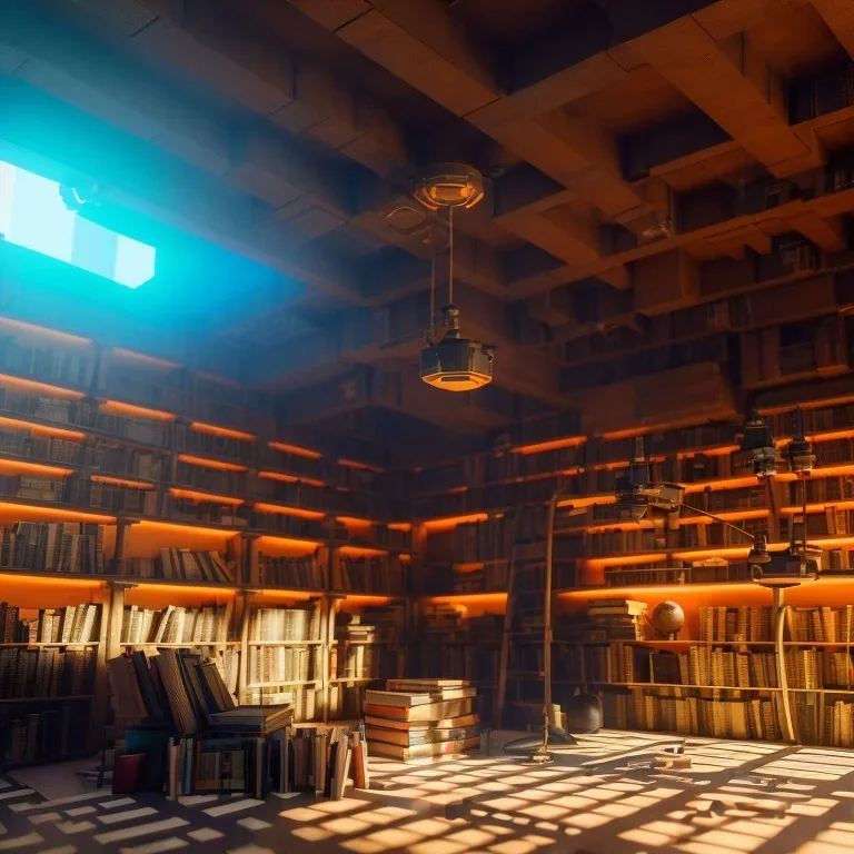 inside of a cybernetic library, thousands of books, labyrintic architecture, orange color scheme, high key lighting, volumetric light high details with white stripes and feathers unreal 5, octane render, cinema4d, dynamic lighting, dramatic lighting, 4k, redshift render, highly detailed, hyper realistic, sunset, Stephan Eicher