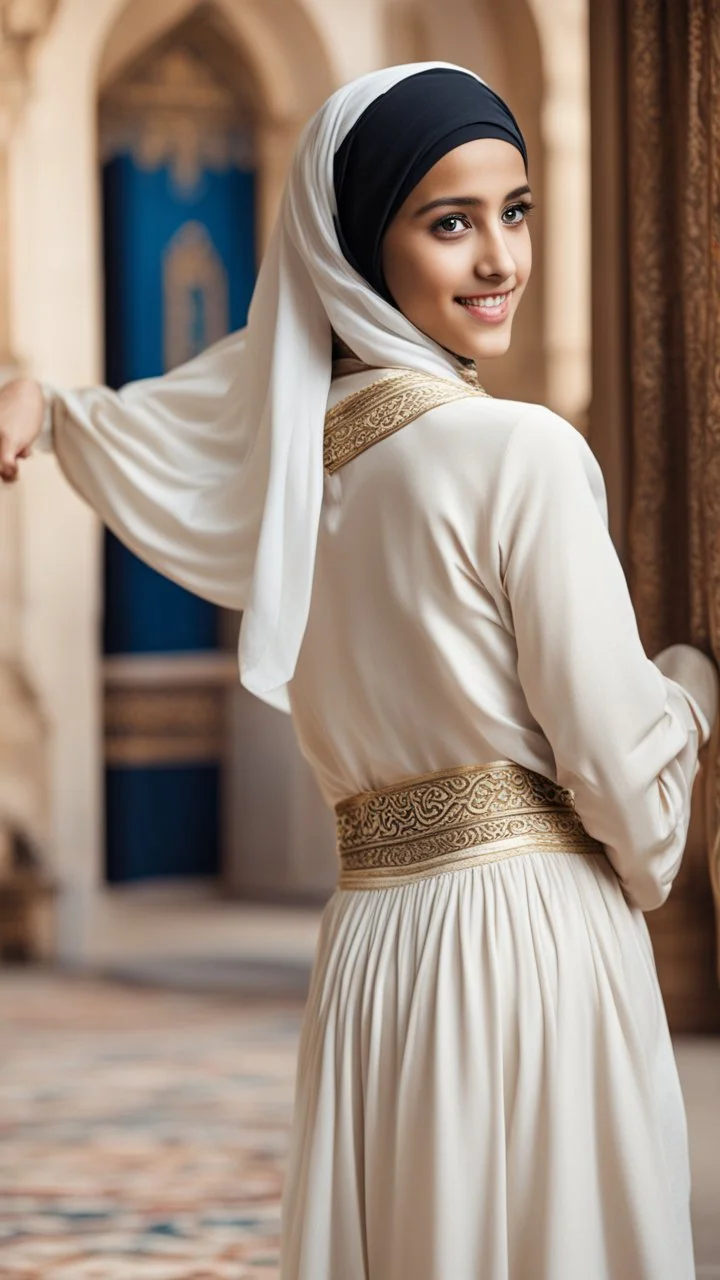 A Muslim girl in Arab dress gives her back to the screen