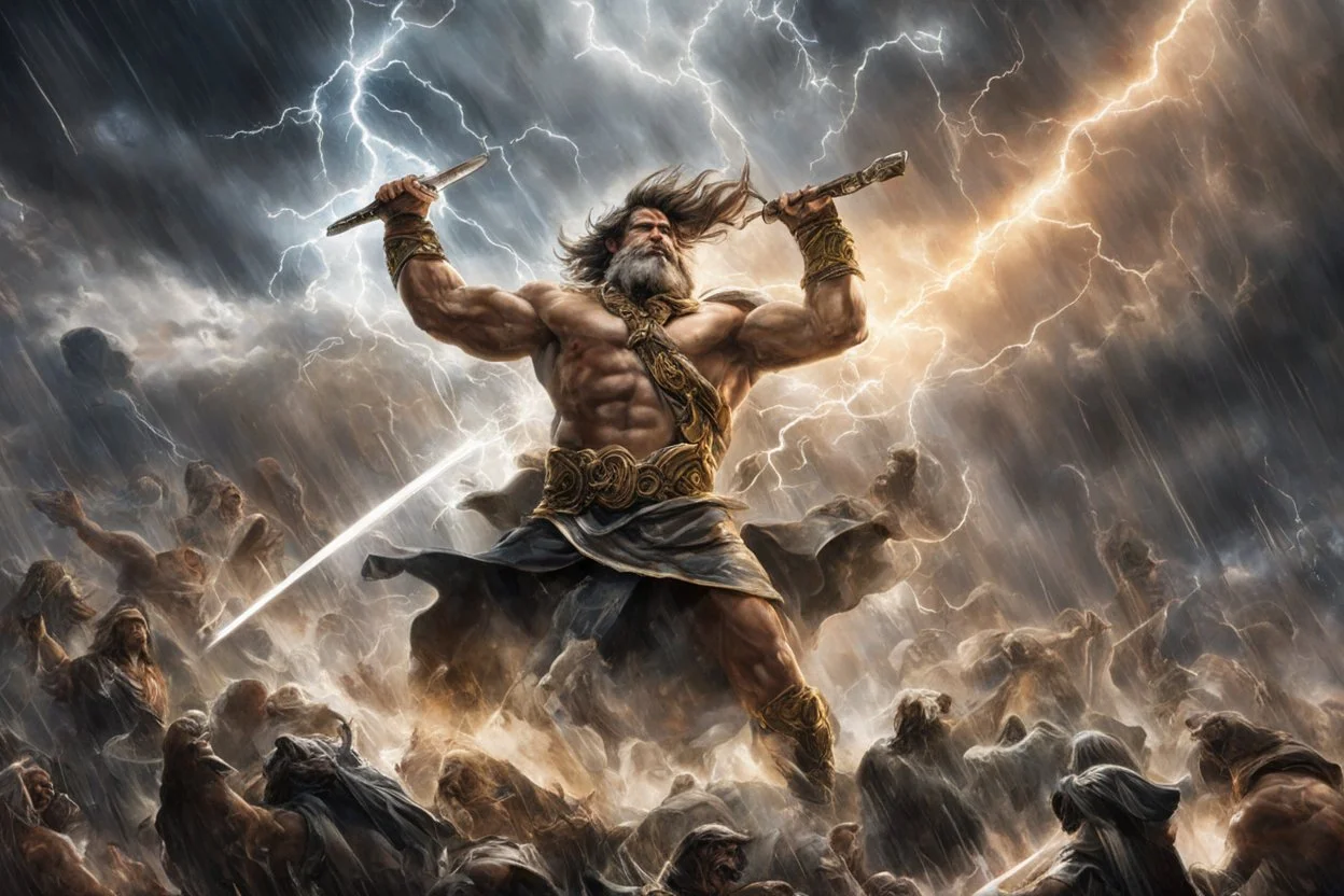 An awe-inducing illustration portraying Zeus in a godly battle, with lightning clashes and stormy skies, (awe-inducing illustration:1.4), (godly Zeus in battle:1.5), (lightning clashes and stormy skies:1.3), (expressive and dynamic battle scene:1.2), influenced by classical mythology and heroic depictions of Zeus in conflict, trending on ArtStation, Intricate, Sharp focus, dynamic lighting, (captivating:1.4), (godly ambiance:1.5), (powerful details:1.3), Masterful, Exquisite, Artful, Photorealis