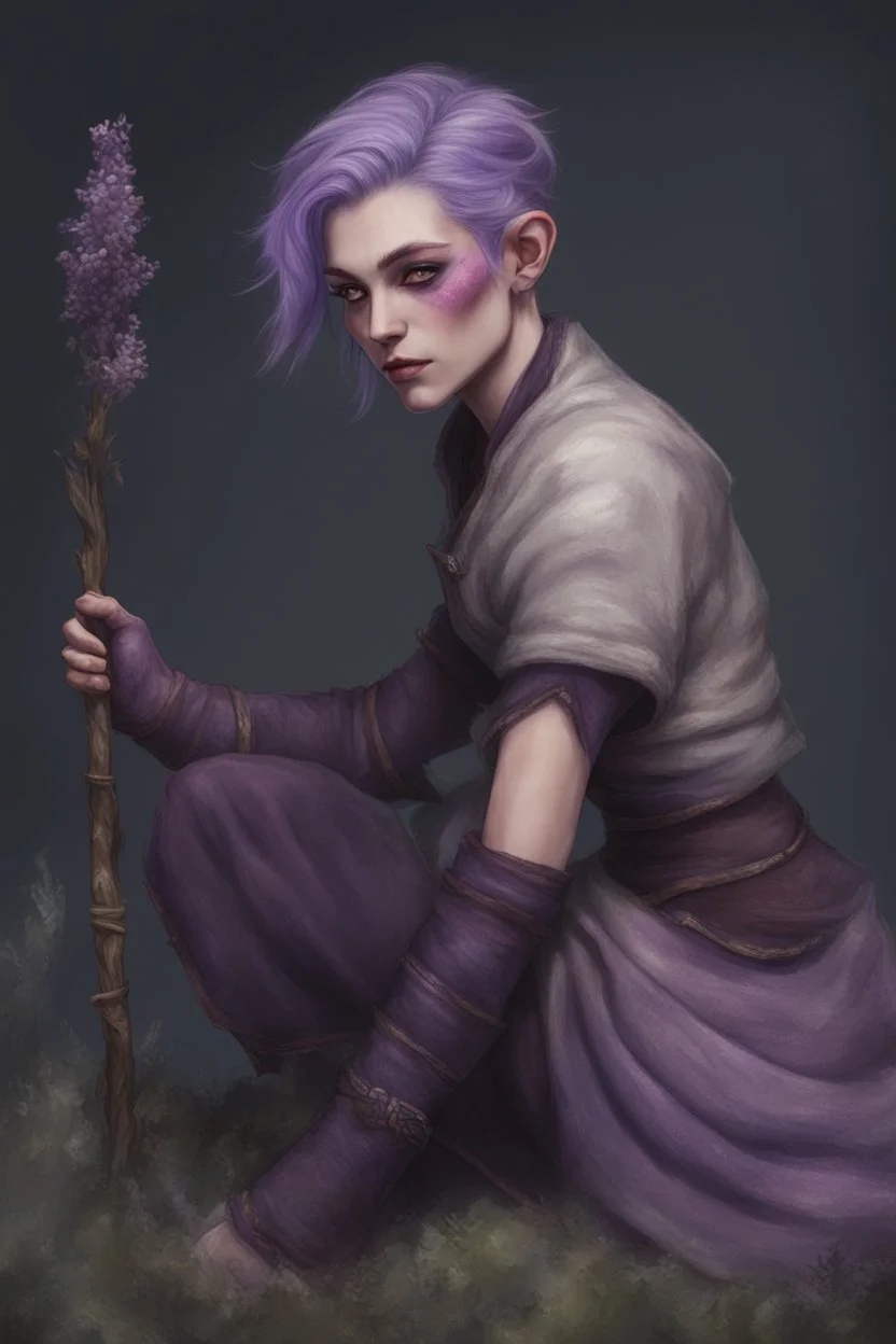 firbolg with dark purple short hair with lilac skin