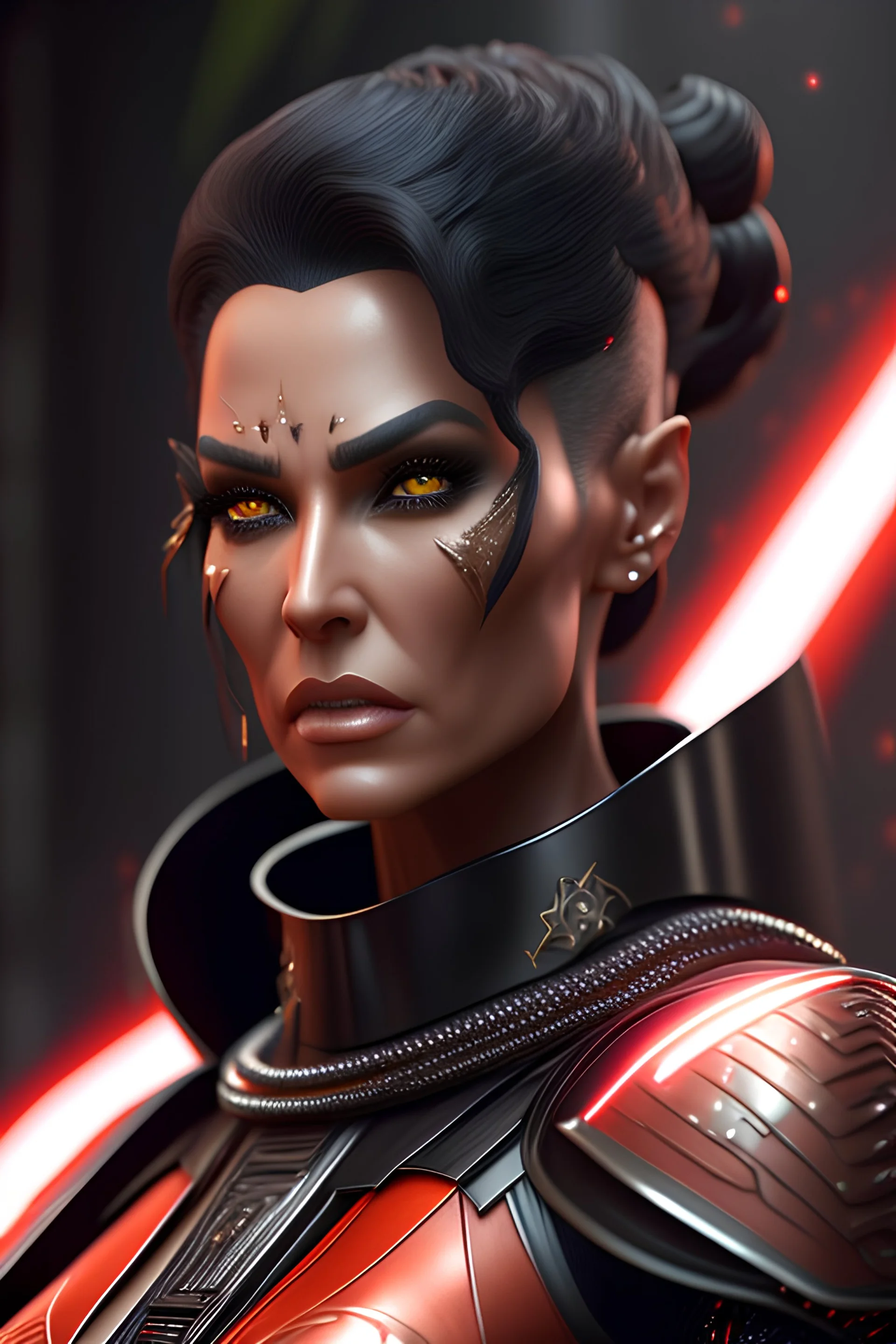 8k uhd, a muscular sith woman in a star wars outfit, short hair, trending on cg society, fine art masterpiece, wallpaper, poster, sharp focus, hyperrealism, insanely detailed, lush detail, HQ by brad rigney, industrial light and magic,