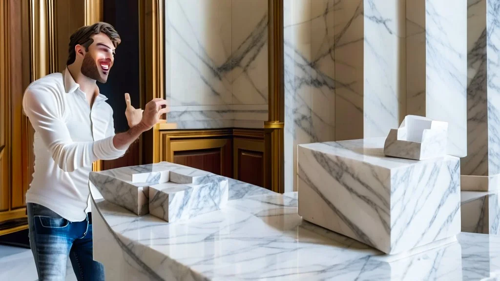 guy on phone at marble tabletop pointing at empty delivery box