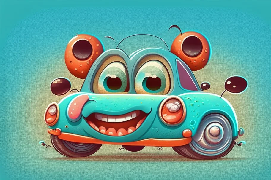 whimsical cartoon car with big eyes and its front grill forming a friendly smile, with a mouse character riding on it.