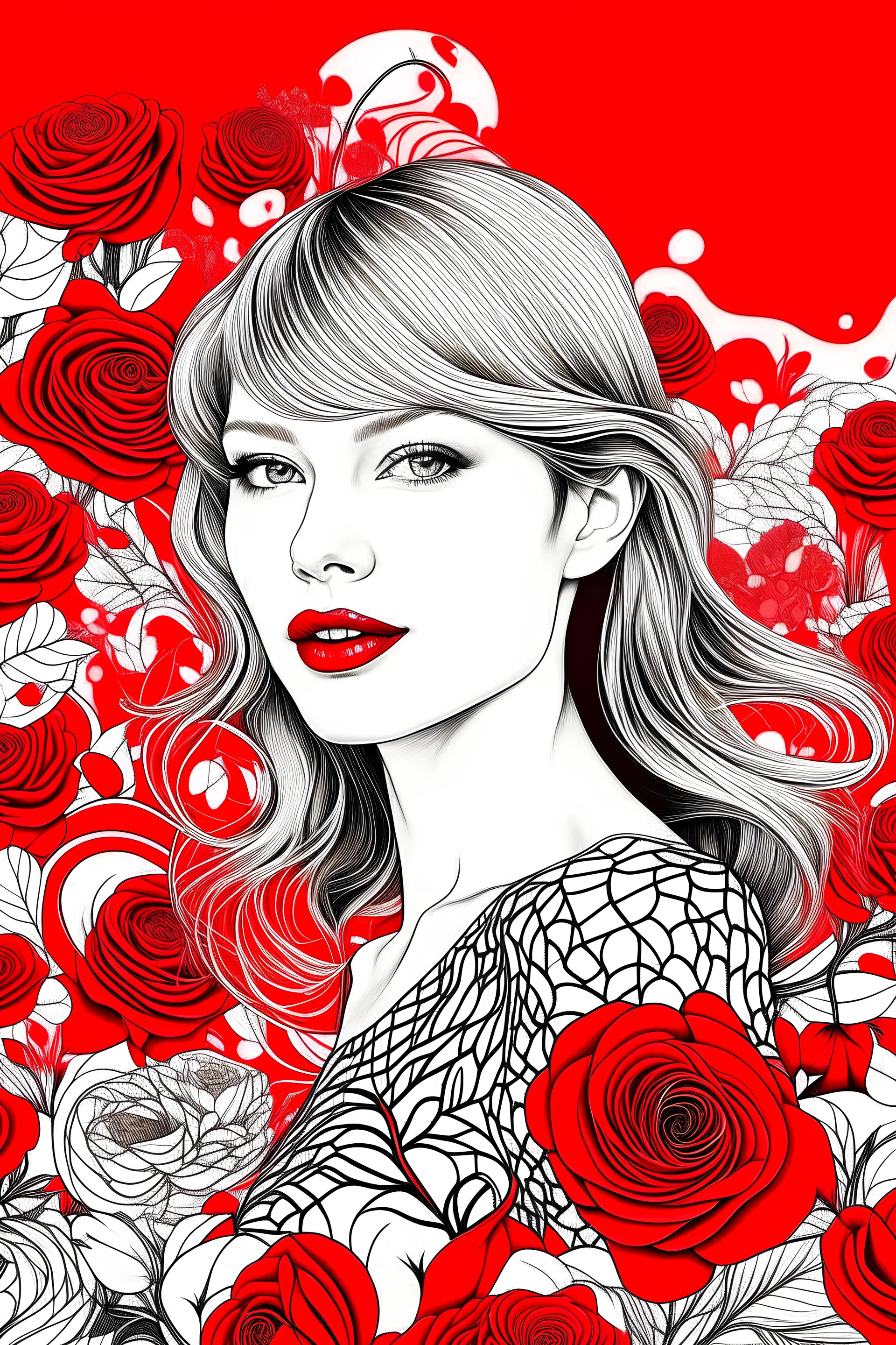 Generate a coloring page capturing the essence of Taylor Swift's "Red" album, with vibrant red hues and romantic imagery like roses, hearts, and love letters.