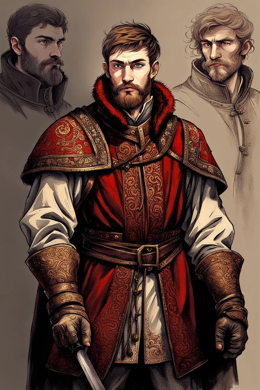 man, age 20, medieval, fighter, russian, croocked nose, czar, rich, simple clothes, short messy hair, thick beard, oligarch, leather coat with fur, brocade clothes, pencil drawing, black or red hair