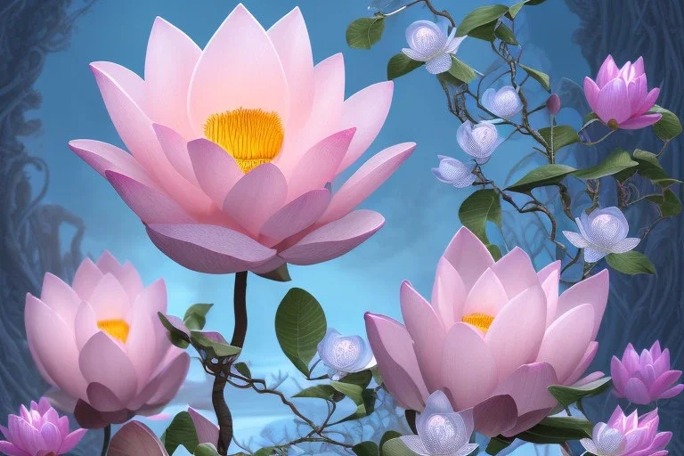 a magical crystal flower lotus magnolia lys bougainvillier, blue gold house russian palace castle in the woods, magnolias pink,blue lake,sun,white swanns,pink vertical, blue lake,sharp, vines, candlelit, endor, ornate, elegant, highly detailed, artstation, concept art, smooth, sharp focus, illustration, 8k, splash art, wallpaper, key visual