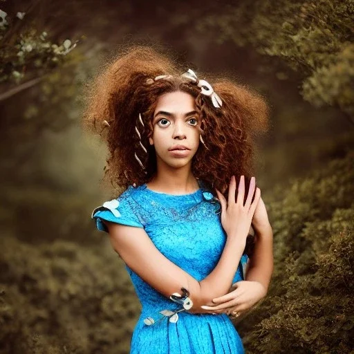 sourceress girl, beautiful, model, blue intricate ivy dress, elf like, hands in her hairs, high definition, cinematic, hickcok movie