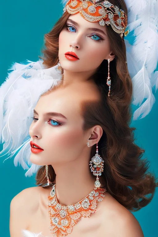 full body beautiful girl, elegant orange,lace clothes of the 80s, luxury style, small elegant hat with feather, hair of the 80s, pearl necklace, earrings masterful, beautiful face,blue backdrop