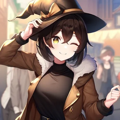 Clear focus, High resolution, short brown spiky hair, hair between eyes, eyes closed, wearing a brown detective hat, wearing a brown jacket and a black shirt, wearing black shorts, 1girl, pulling hat down, smiling, wearing a oversized jacket