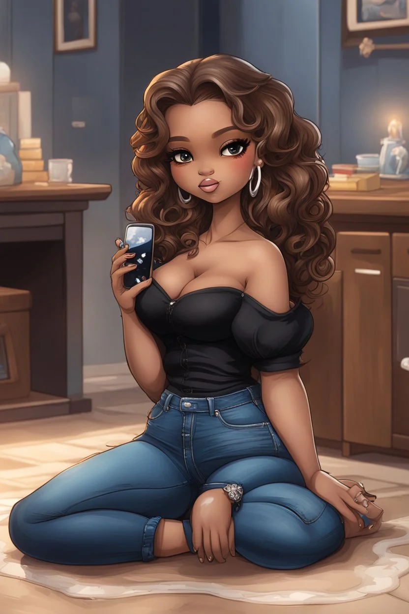 Create a furturism magna art of a black chibi curvy female sitting on the floor looking at her cell phone. She is wearing tight blue jeans and a black off the shoulder blouse. Prominent make up with lush lashes. Highly detailed wavy ombre blonde and brown long hair. She is also wearing silver large hoop earringsart of a black chibi curvy female sitting on the floor looking at her cell phone. She is wearing tight blue jeans and a black off the shoulder blouse. Prominent make up with lush lashes.