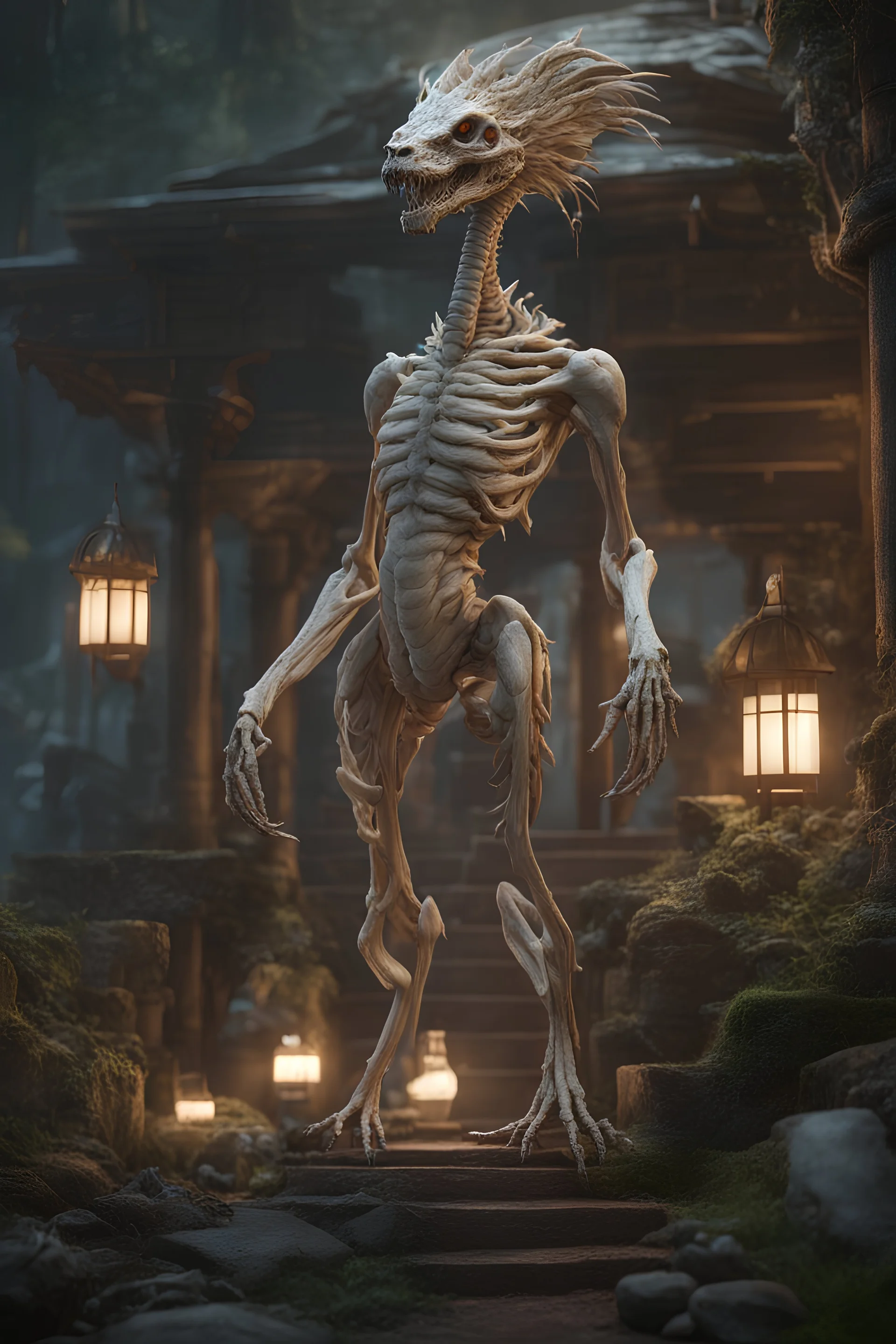 Bone Naga. full body shot. fantasy and horror setting, Cinematic lighting, Volumetric lighting, Epic composition, Photorealism, Very high detail, Character design, Unreal Engine, Octane render, HDR, Subsurface scattering, fantasy art,