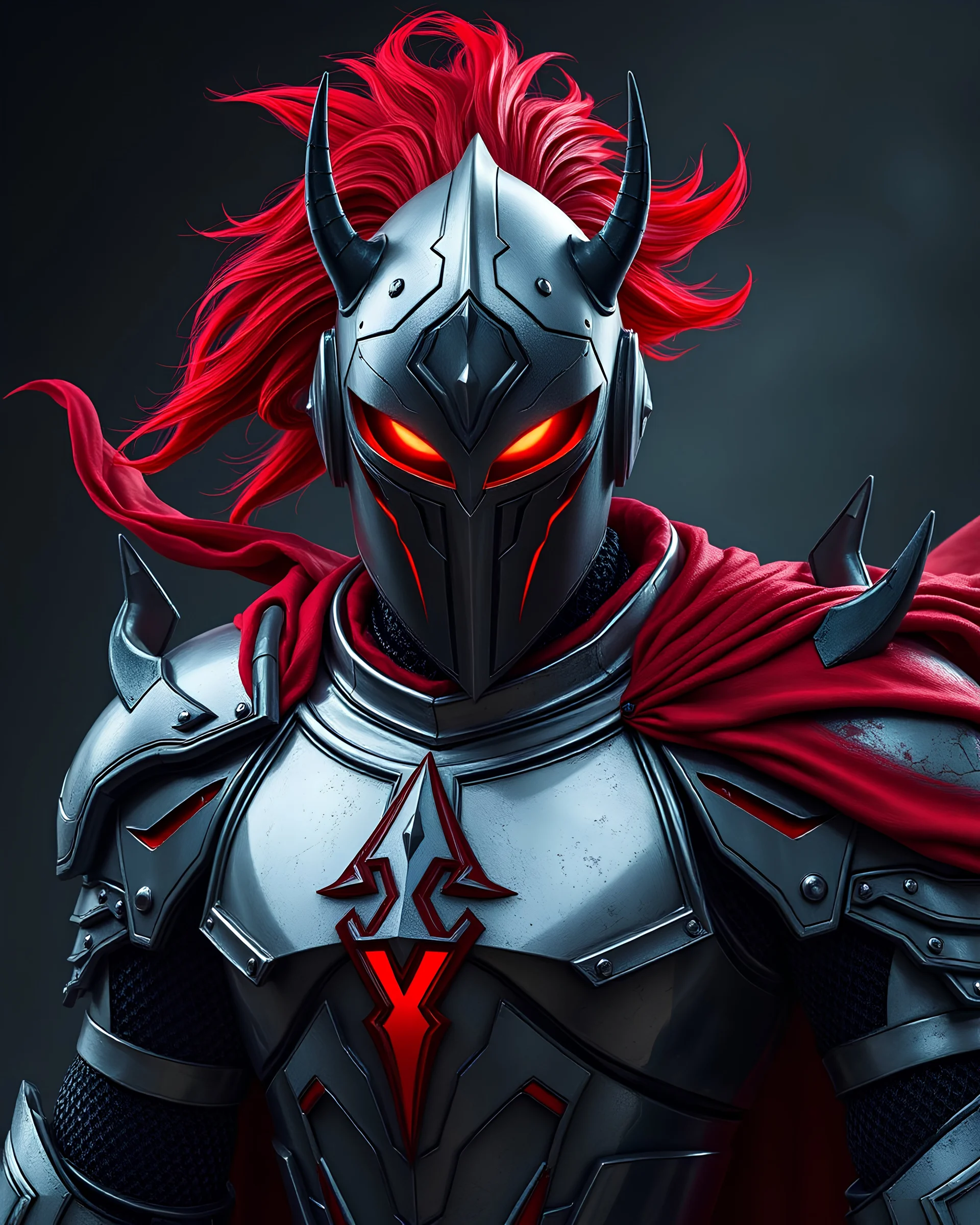 silver and crimson knight armor with glowing red eyes, and a ghostly red flowing cape, crimson trim flows throughout the armor, the helmet is fully covering the face, black and red spikes erupt from the shoulder pads, crimson hair coming out the helmet, spikes erupting from the shoulder pads and gauntlets, trails of ash leaving the armor