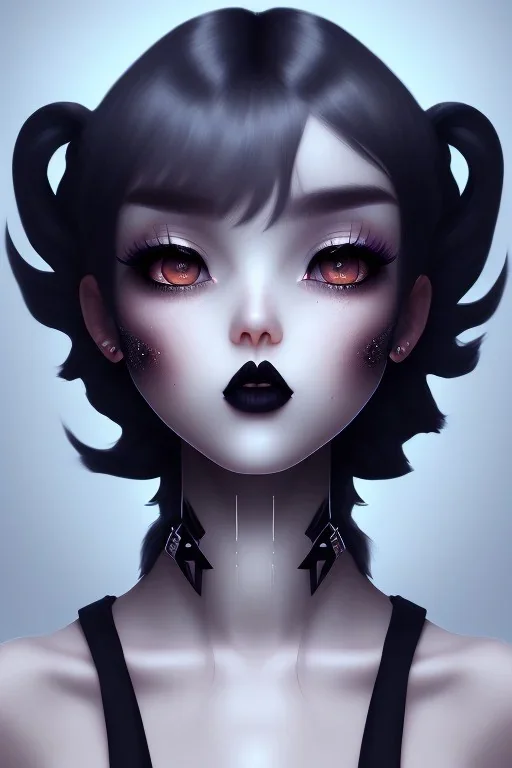 Girl, cute, beautiful, dark shadows, tilted head, black lipstick, grey skin, short black hair, choker, black sweater