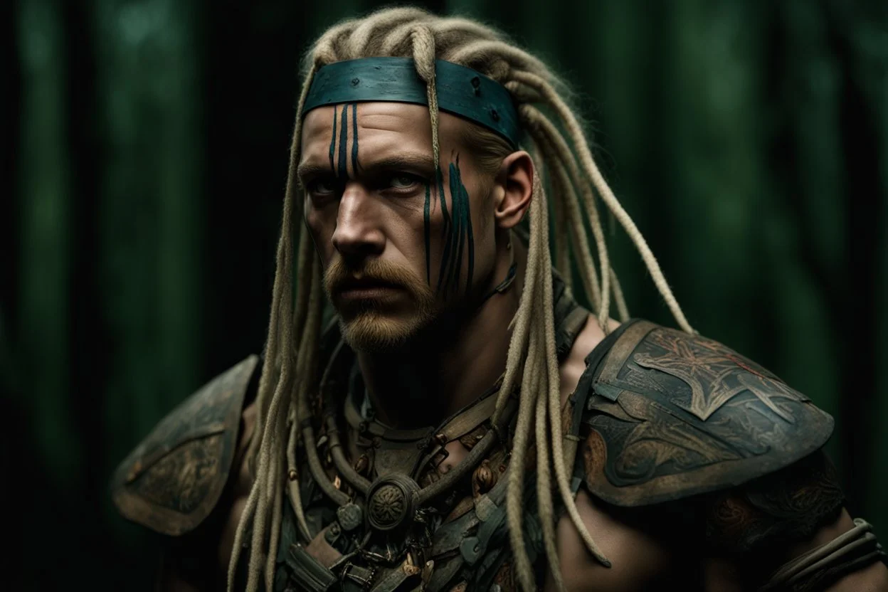photorealistic portait of henry cavell as modern warrior with blonde dreadlocks tribal tattoos dark fantasy dark forest