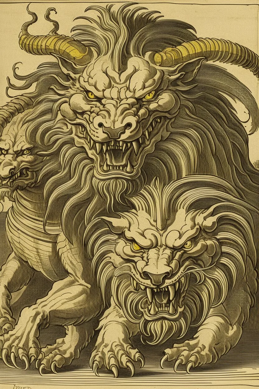 A three-headed dragon with the head of a lion, the head of a man and the head of a bull