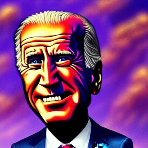 CRAZY Joe Biden caricature,, cyberpunk, landscape, transformers, hi-tech robots, GUITARS, cinematic, highly detailed, close up, 4k, deep colors, gold, fire, red, purple, dark, ethereal, utopia, apocalypse, flying Cadillac, from outer space