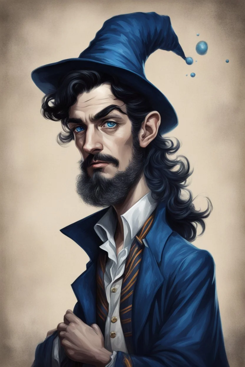 black haired blue eyed dandy wizard in the style of beresford egan