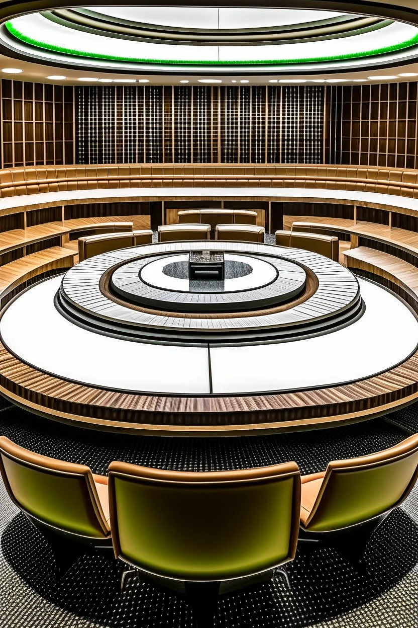 An oval-shaped restaurant consisting of one large table. In the middle of the table there is a place to prepare the food and serve it directly to the visitors