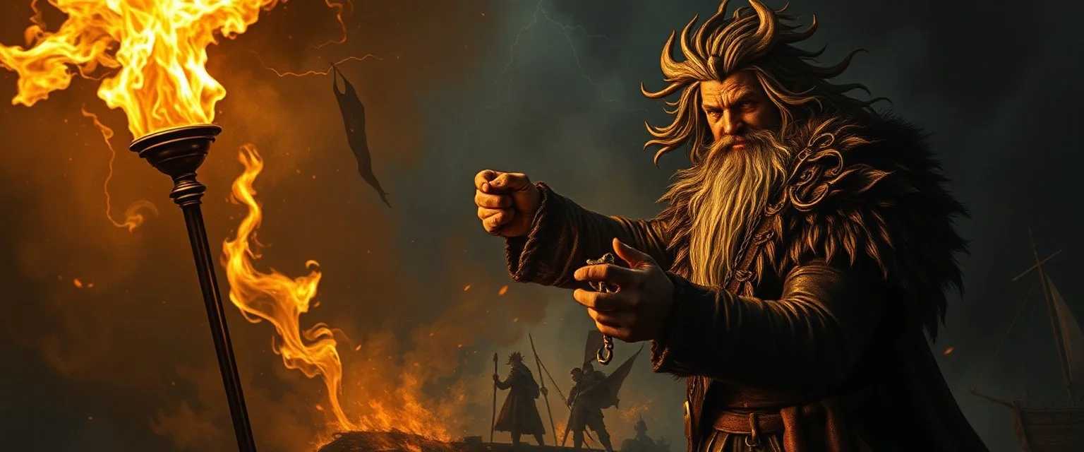 “With torch in hand, he set ablaze the vessel of his kin, His smile widening to a grin most infernal. Dareth and Lyssa beheld his shadow, immense and dread, An aura of silent thunder and chain-lightning encircling him.” in the style of Rembrandt.