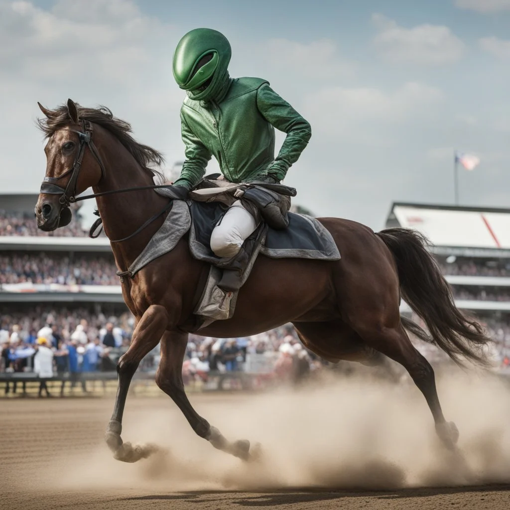 An alien jockey riding a horse in the Preakness Stakes