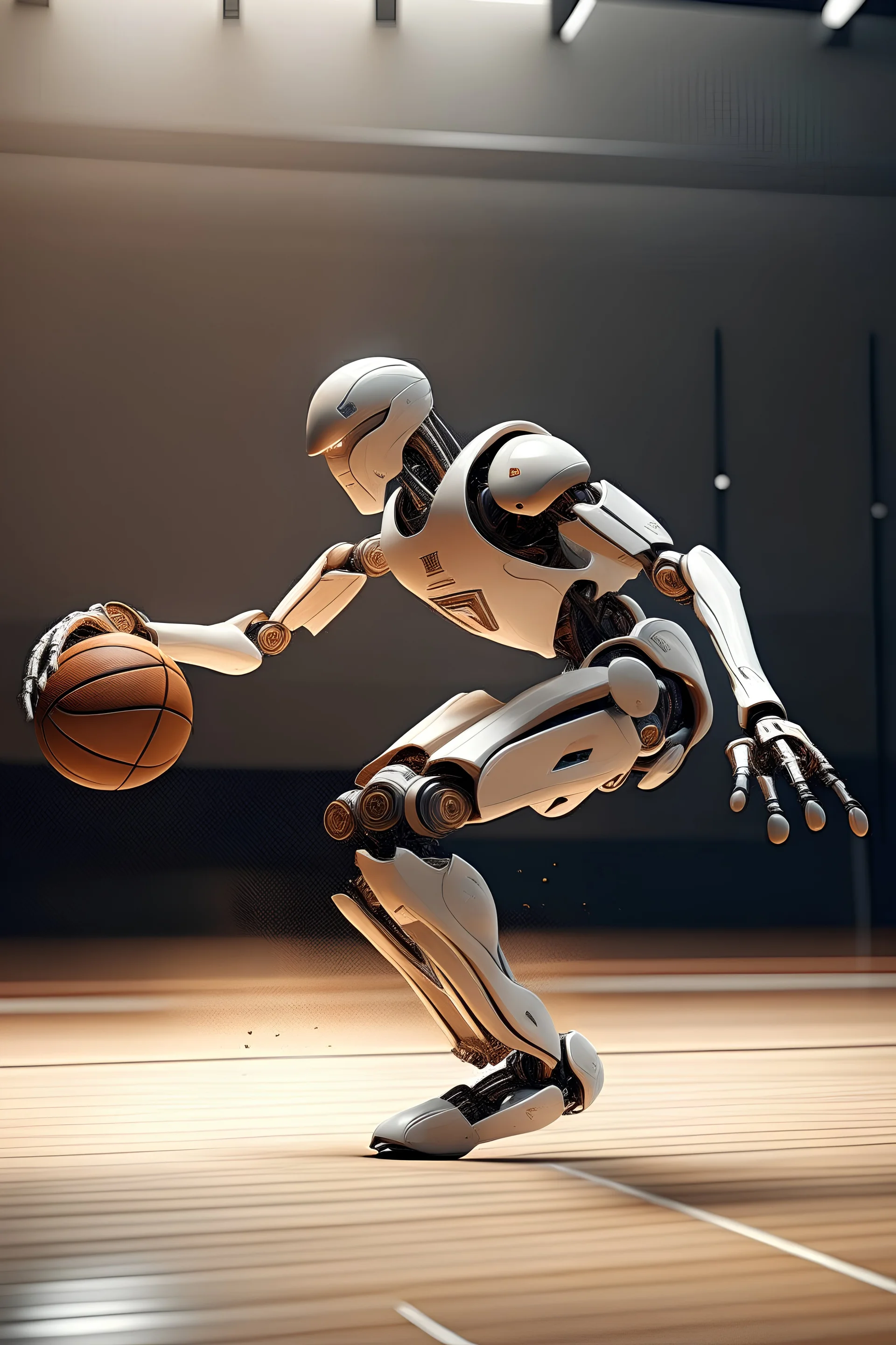 Imagen hiperrealista de un robot jugando al basketball, haciendo una volcada. Atmosfera postpunk