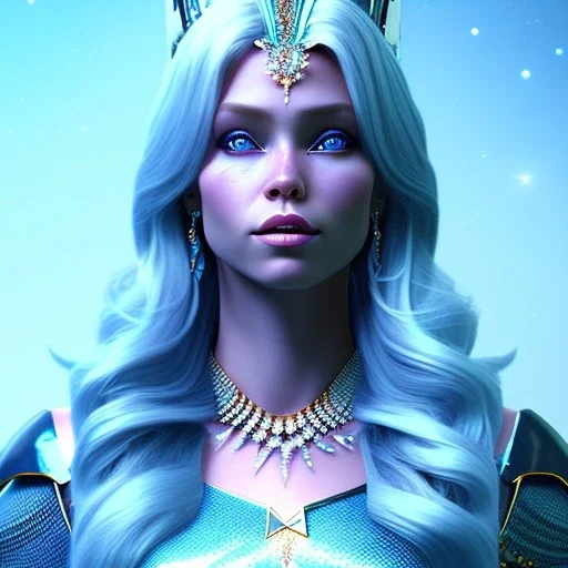 A portrait of a full body crystalised blue pink queen,smiling face, blue eyes, long blond hair, atmospheric, realistic, unreal engine, lighting