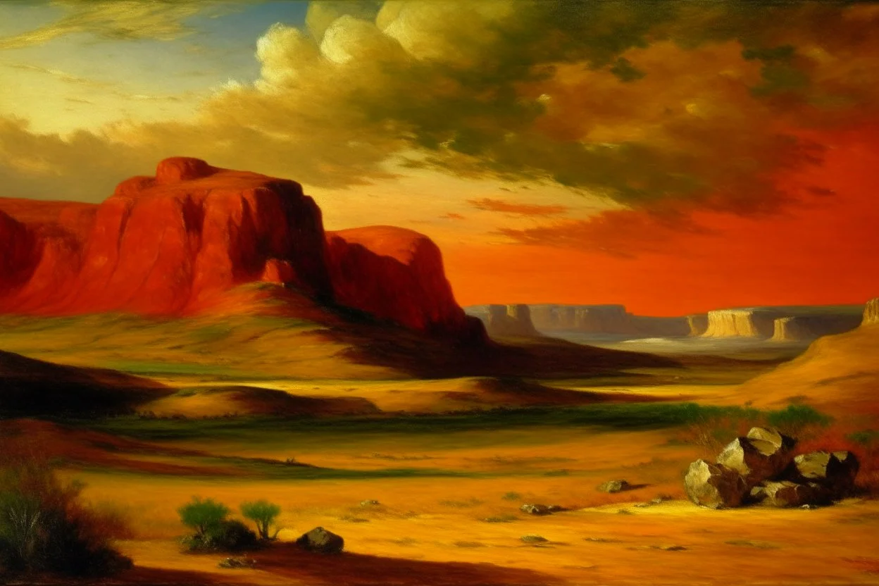 An orange colored desert in the badlands painted by Gustave Courbet