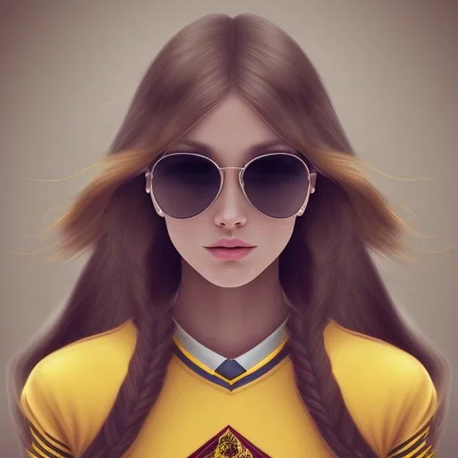 Girl with long wavy brown blond hair, yellow hawk eyes. Wears Hogwarts Hufflepuff uniform and sunglasses with a yellow clip.