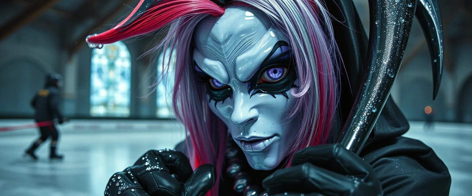 close up portrait of shiny ice dark grim reaper babe with lavender eyes and red and silver hair, and with magical aura hockey staff, pin hole cam, master oil painting by Rembrandt, d&d glam rock and glitter harlequin bunny and lich playing hockey in ice skating hall or church, in the style of giger and escher, sci fi with floating little saucers