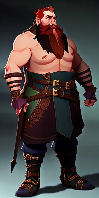 A high definition full body dungeons and dragons character design of a dwarf male warrior who has a short, stout, and strong build, with a thick ginger beard, long ginger hair, and wearing mail armor with pauldrons