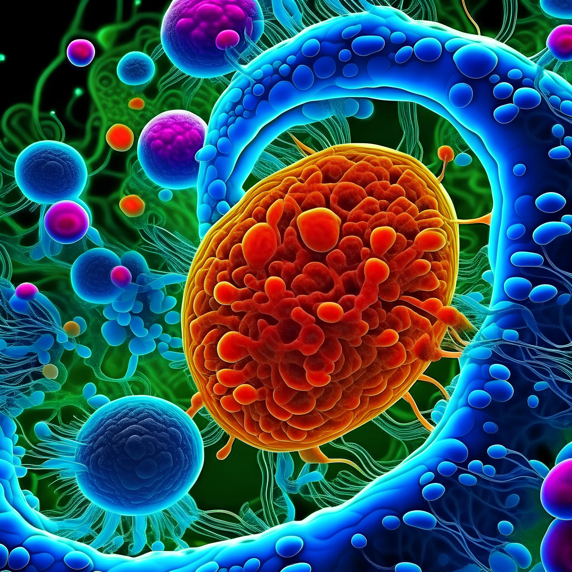 cellules eucaryotes adhérentes vues au microscope pendant la division cellulaire, pas d'animation, photo réaliste, cellule cancéreuse au milieu de cellules saines. Photo nette et très détaillée en 4K, grand angle, nette, vibrante, éclatante.