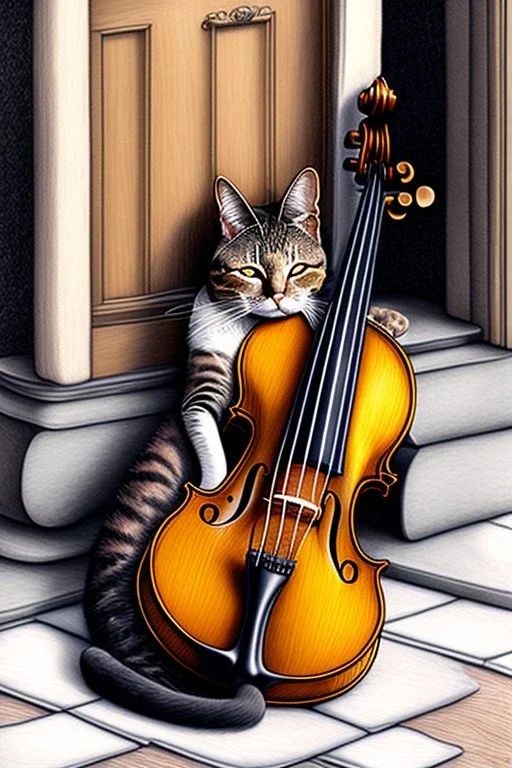 One single mature cat, sleeping in a corner on the street, violin case, Vienna, model style, hyper realistic, extremely accurate, delicate, extremely detailed, Graphic novel style, wide-angle, open aperture, superfine pencil