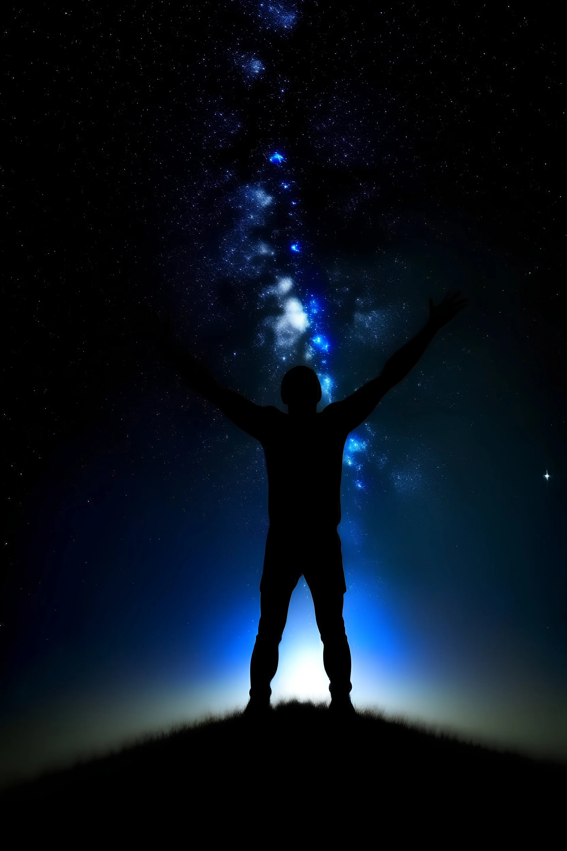 The outline of a figure stretching his arms towards the sky. In the sky, the stars are all in nature.