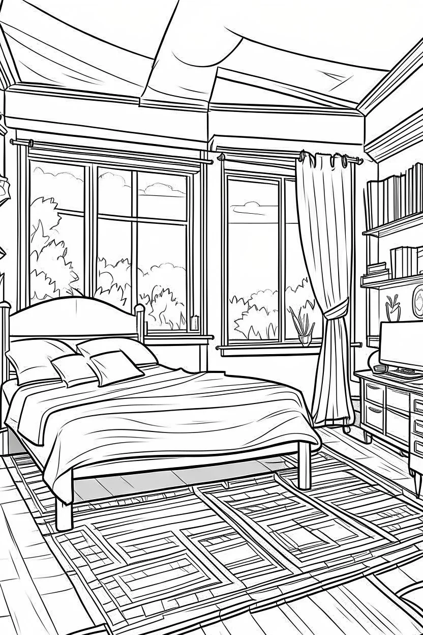 Outline art, simpl House interior design, bedroom, cartoon style, thick lines, low details, --ar 9:11