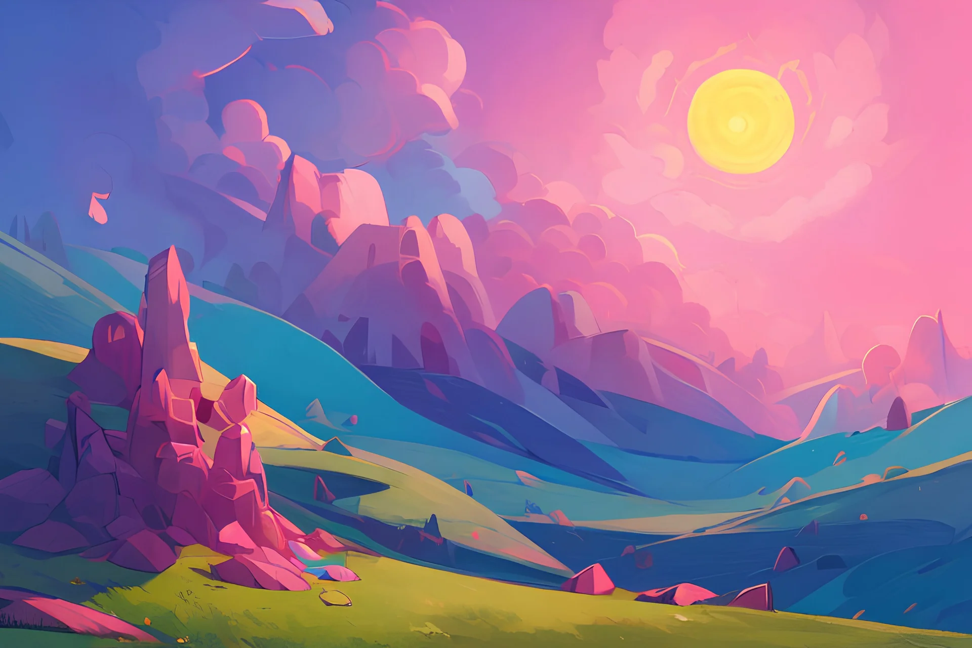 simple landscape, blue, pink, sun, steven universe style