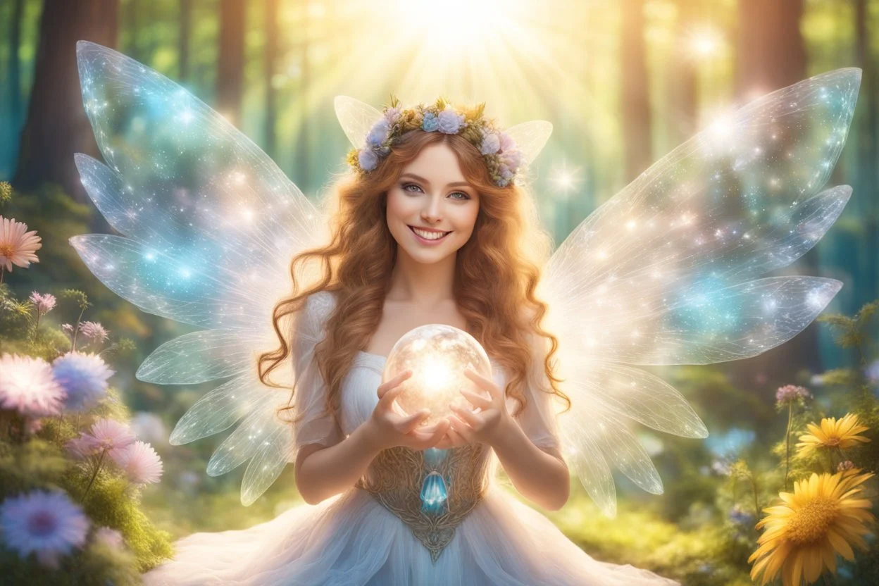 A beauty Fairy women with long Brown hairy,Crystal wings and sweety smile and cosmica suite.She has a magic ball of light in the hands.the background Is a magic coloured Fairy foreste, with a kot of flowers, sweety animal in a Sunny day
