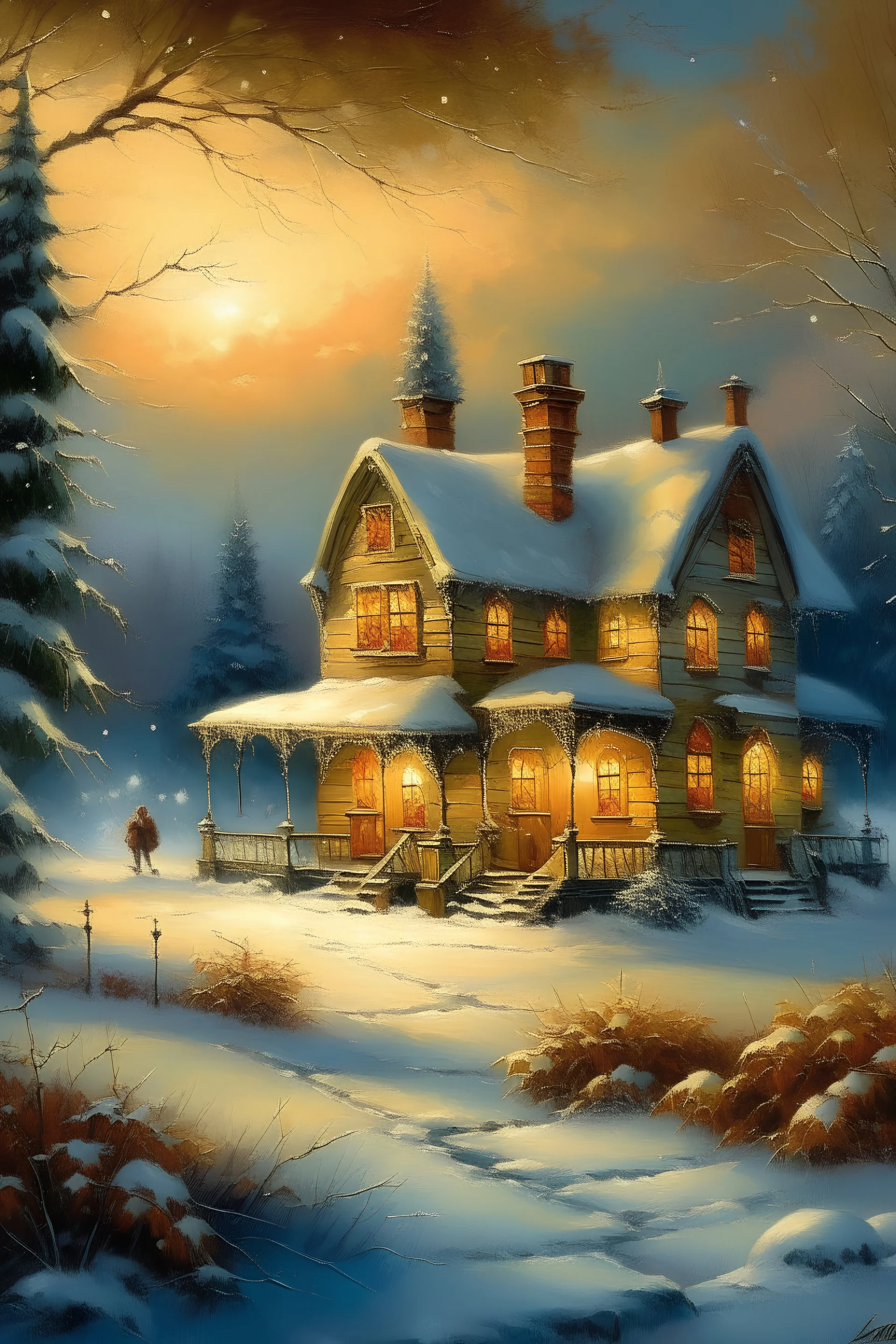 Craft a winter masterpiece on a 16:7 canvas, where the dance of snowflakes creates a mesmerizing symphony against the backdrop of a quaint home. Employ the rich and nuanced tones of oil paints to bring out the subtle shadows in the snow, while delicately capturing the essence of a winter evening's hush. Envision the play of light on the snowy roof and the cozy glow emanating from the windows, imparting a sense of serenity to this timeless scene. Let your brushstrokes weave a narrative that invit