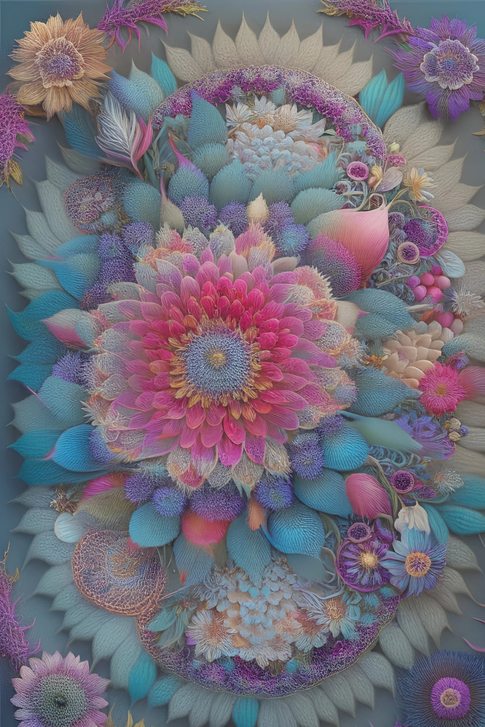 psychedelic mandala made out of flowers, feathers, ultra detailed, photorealistic, vivid colours, intricate details, in the style of Elspeth McLean, 32k