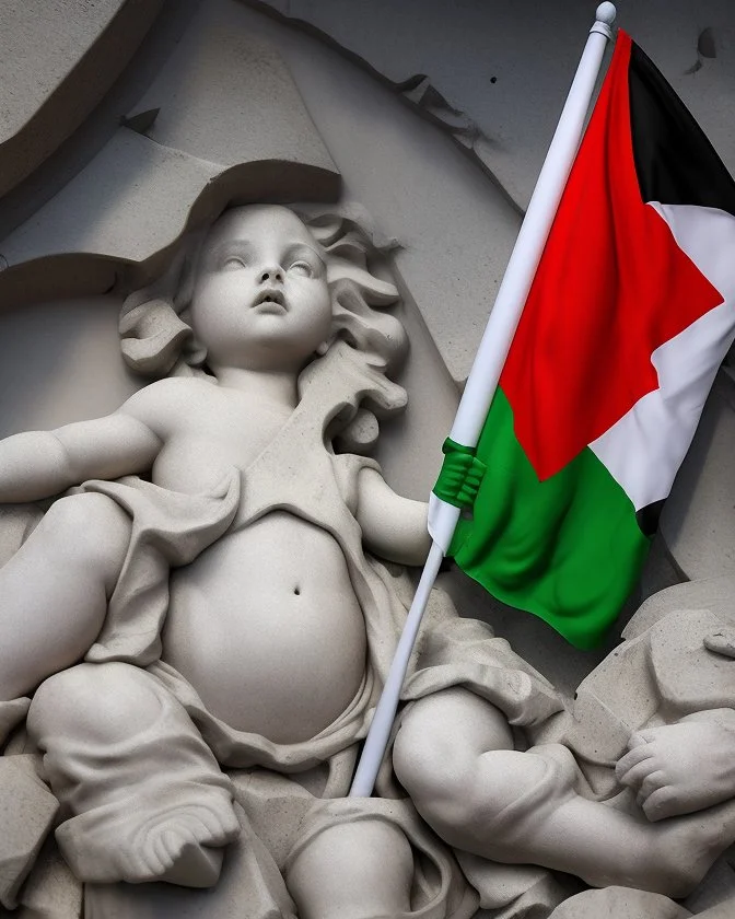 Escultura de muchos niños muertos por una bomba, bandera de palestina,en marmol blanco calidad ultra, hiperdetallado, obra de arte, 8k 3D